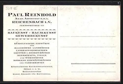 Künstler-AK Reichenbach i. V., Paul Reinhold, Akad. Architekt B. D. A., Eingangshalle mit Sitzecke und Treppe