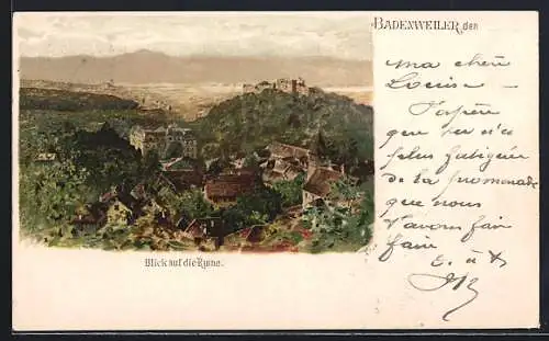 Lithographie Badenweiler, Blick auf die Ruine