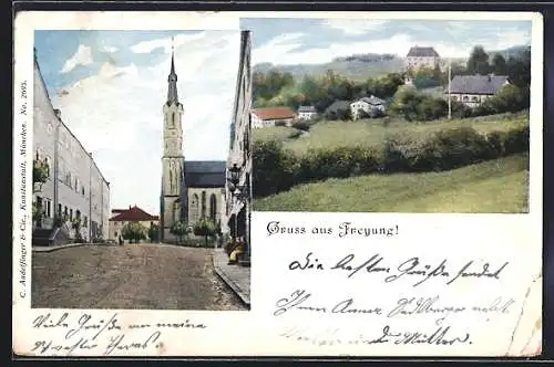 AK Freyung, Ortspartie, Strassenpartie mit Kirche