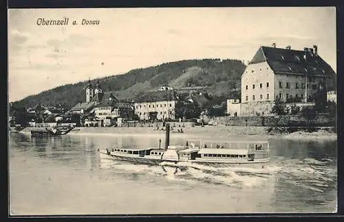 AK Obernzell a. Donau, Ortsansicht mit Dampfer