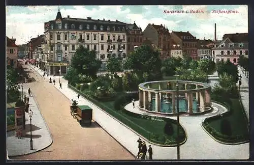 AK Karlsruhe, Brunnen am Stefansplatz, Neue-Markt-Halle