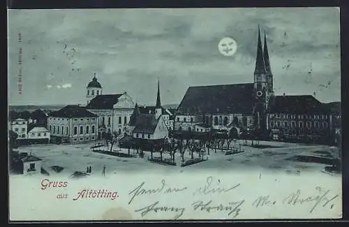 Mondschein-AK Altötting, Platz mit Kirche bei Nacht