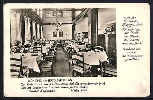 AK Freiburg / Breisgau, Gasthaus Weinstube am Bertoldsbrunnen v. W. Lehmann, Innenansicht