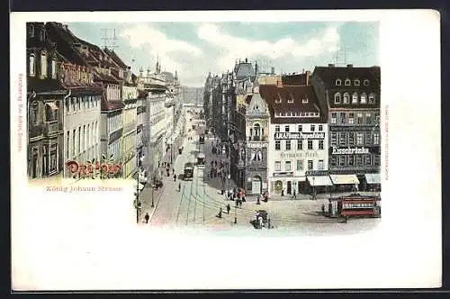 AK Dresden, Geschäfte in der König Johann-Strasse, Strassenbahn