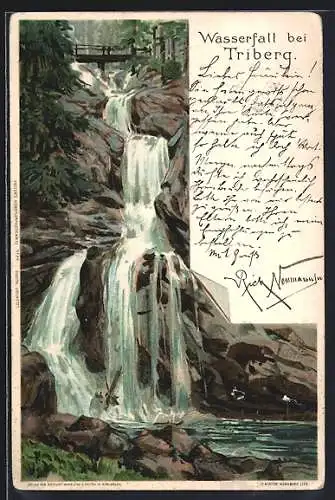 Lithographie Triberg, Wasserfall mit Brücke