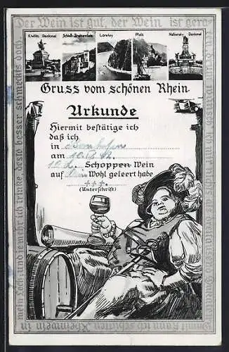 AK Korpulenter Herr beim Genuss eines Schoppen Weins und Loreley, Pfalz und Schloss am Rhein