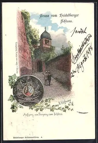 Künstler-Lithographie H. Hoffmann: Heidelberg, Heidelberger Schloss, Burgweg, Wappen