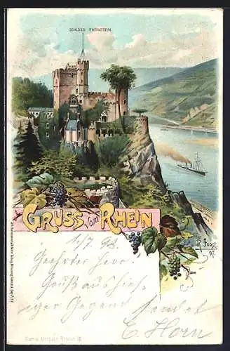 Lithographie Rheinstein, Schloss Rheinstein mit Rheinblick und Dampfer