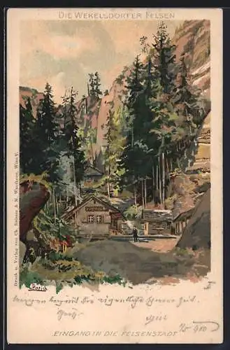 Lithographie Wekelsdorf, Eingang in die Felsenstadt, Wekelsdorfer Felsen