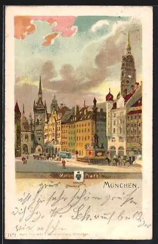 Lithographie München, Strassenbahn am Marienplatz