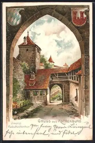 Lithographie Rothenburg / Tauber, Inneres Koboltzellerthor, Wappen