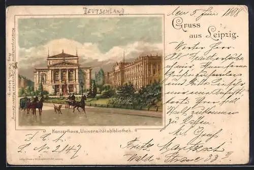 Lithographie Leipzig, Konzerthaus und Universitätsbibliothek