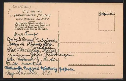 AK Nürnberg, Gasthaus Bratwurstherzle, Dürersaal