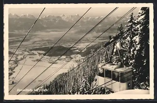 AK Villach, Kanzelbahn mit Talblick im Winter, Alpenpanorama