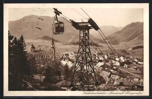 AK Mariazell, Ortsansicht mit Bürgeralpe-Seilschwebebahn aus der Vogelschau