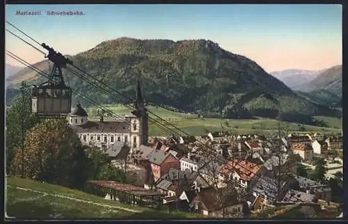AK Mariazell, Seilbahn mit Ortsansicht und Bergpanorama