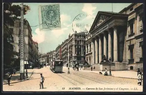 AK Madrid, Carrera de San Jeronimo y el Congreso, Strassenbahn