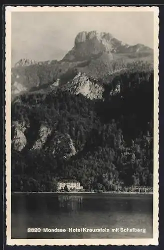 AK Mondsee, Hotel Kreuzstein mit Schafberg