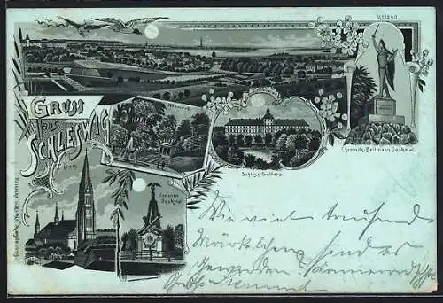 Mondschein-Lithographie Schleswig, Schloss Gottarp, Chemnitz-Bellmann Denkmal, Kanonen-Denkmal, Neuwerk, Dom