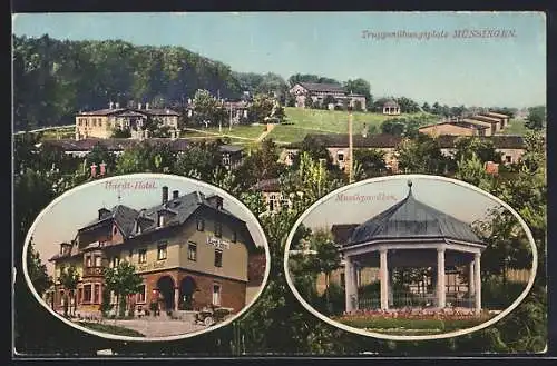 AK Münsingen, Hardt-Hotel und Musikpavillon im Truppenübungsplatz