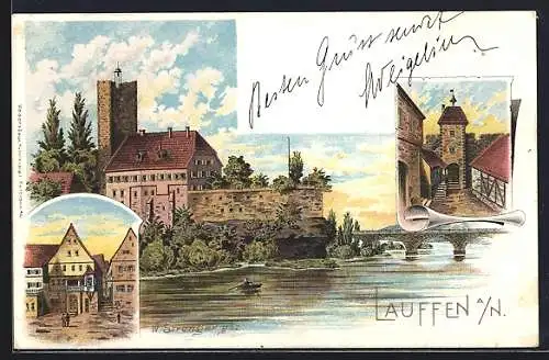 Lithographie Lauffen a. N., Ortspartien und die Burg