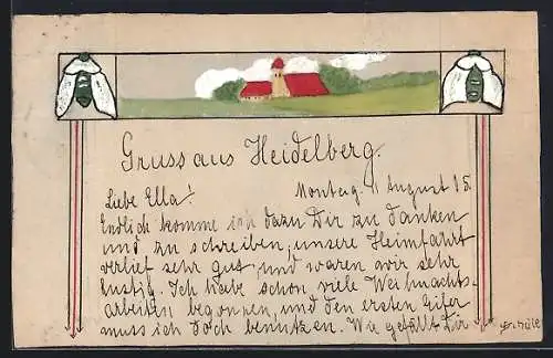 Künstler-AK Handgemalt: Heidelberg /Neckar, Ortsansicht vom Feld aus