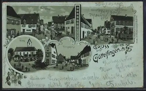 Mondschein-Lithographie Göttelfingen / Eutingen, Eutingerstrasse, Dorfstrasse, Schulstrasse mit Schul- und Rathaus, Kirche