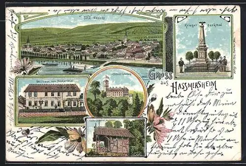 Lithographie Hassmersheim, Gasthaus zum Neckarthal, Eduardshöhe-Schutzhütte, Schloss Guttenberg