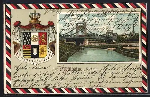 Passepartout-Lithographie Mülheim a. d. Ruhr, Partie an der Kettenbrücke, Wappen