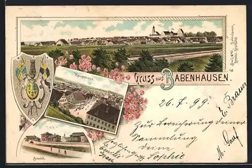 Lithographie Babenhausen / Schwaben, Hauptstrasse, Bahnhof und Totale