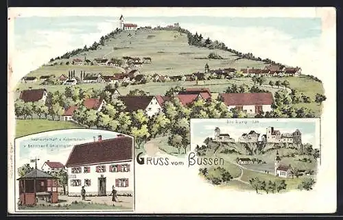 AK Bussen, Gasthaus zum Haberbosch, Bes. Bernhard Geisinger, Burg und Totalansicht