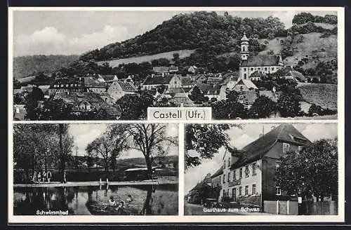 AK Castell / Ufr., Ortsansicht, Gasthaus zum Schwan, Partie am Schwimmbad