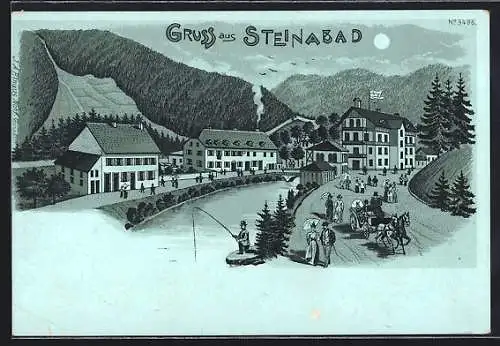 Mondschein-Lithographie Steinabad, Strassenpartie am Flussufer