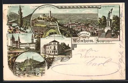 Lithographie Weinheim / Bergstrasse, Hotel Karlsberg, Marktplatz, Schloss Kriegerdenkmal, Im Birkenauer Tal