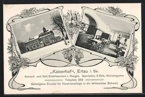 AK Erlau i. Sa., Restaurant Kaiserhof mit Innenansicht im Weinblatt-Passepartout