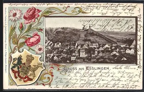 Passepartout-Lithographie Esslingen / Neckar, Teilansicht aus der Vogelschau, Wappen und Blumen