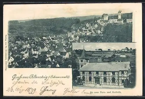 AK Altensteig /Schwarzwald, Ortsansicht und die neue Turn- und Festhalle