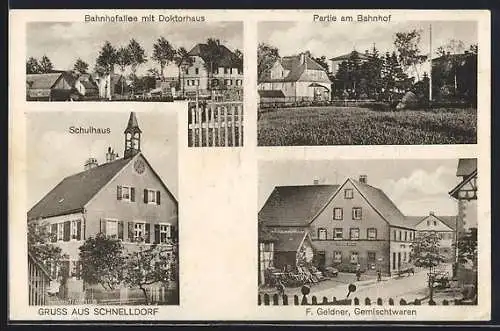 AK Schnelldorf / Crailsheim, Geschäft von F. Geldner, Bahnhofallee mit Doktorhaus, Bahnhof und Schulhaus