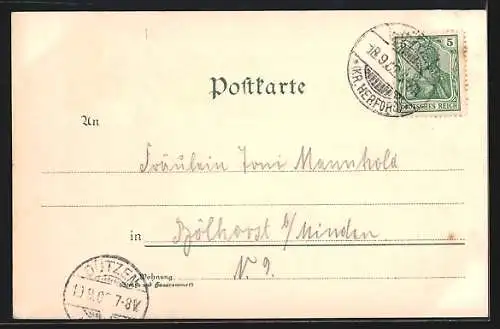 Lithographie Bünde i. W., Ortsansicht, Bahnhofstrasse mit Balldamm, alte Kirche und Kriegerdenkmal, Postgebäude