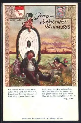 Künstler-AK Mainz, Schützenfest 1913, betrunkener Jäger schläft an der Zielscheibe, Affe und Amor