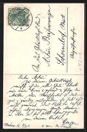 Künstler-AK Mainz, Schützenfest 1913, betrunkener Jäger schläft an der Zielscheibe, Affe und Amor