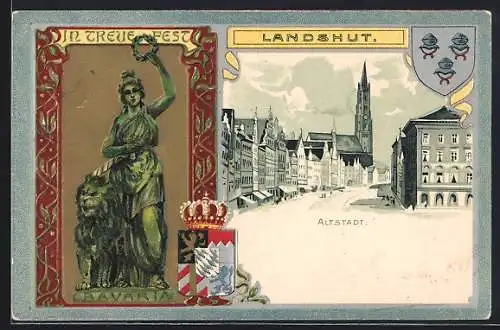 Passepartout-Lithographie Landshut / Isar, Blick in die Altstadt, allegorische Frauenfigur mit Löwe, Wappen