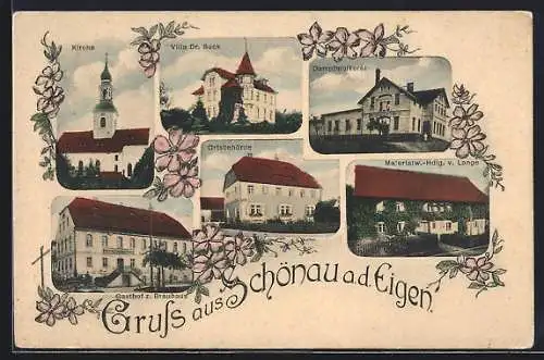 AK Schönau a. d. Eigen, Gasthof z. Brauhaus, Materialw.-Hdlg. v. Lange, Dampfmolkerei