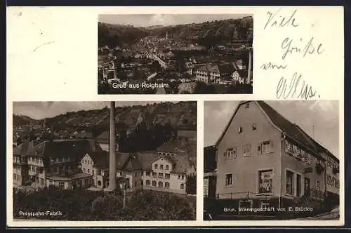 AK Roigheim, Pressspahn-Fabrik, Gemischtwarengeschäft E. Stückle, Ortsansicht