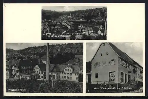 AK Roigheim, Pressspahn-Fabrik, Gemischtwarengeschäft E. Stückle, Ortsansicht