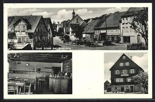 AK Grosserlach / Backnang, Gasthaus zur Krone mit Innenansicht, Inh. Otto Hofmann, Ortsansicht