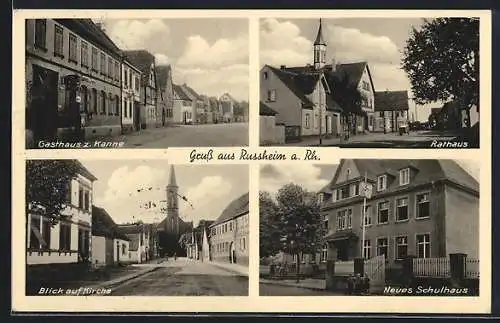 AK Russheim a. Rh., Gasthaus z. Kanne, Rathaus und Kirche