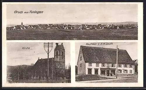 AK Tuningen, Kaufhaus v. A. M. Dauth, Kirche, Totalansicht