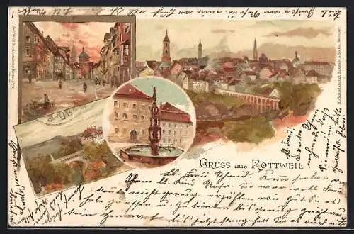 Lithographie Rottweil, Strassenpartie, Brücke, Brunnen, Glückwunsch