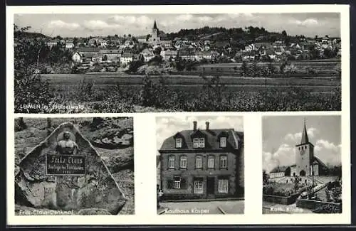 AK Leimen / Pfalz, Ortspanorama, Fritz-Claus-Denkmal, Kaufhaus Kasper, Kath. Kirche